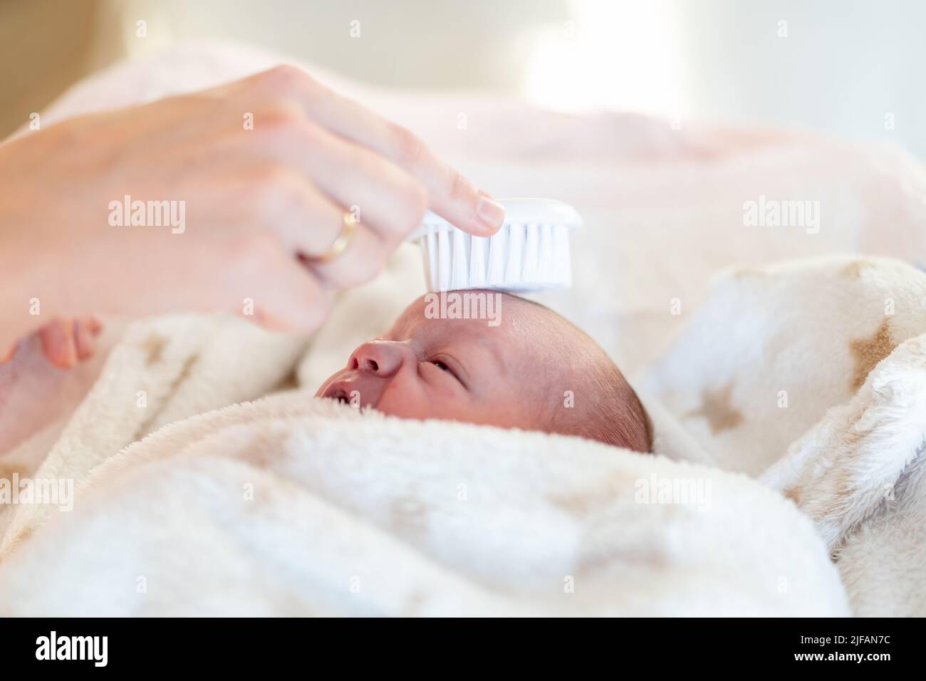 mani di una madre pettinando attentamente i capelli del suo neonato avvolto in una coperta morbida dopo il lavaggio e il cambio del suo pannolino. salute e. Foto Stock