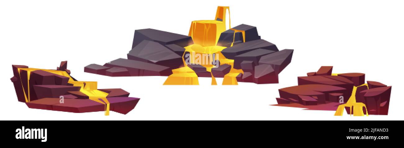 Cascate fantasy con flussi fluidi gialli. Illustrazione vettoriale di cartoni animati di pietre con flussi lavici liquidi. Gioco oggetti paesaggio con oro fiume cas Illustrazione Vettoriale