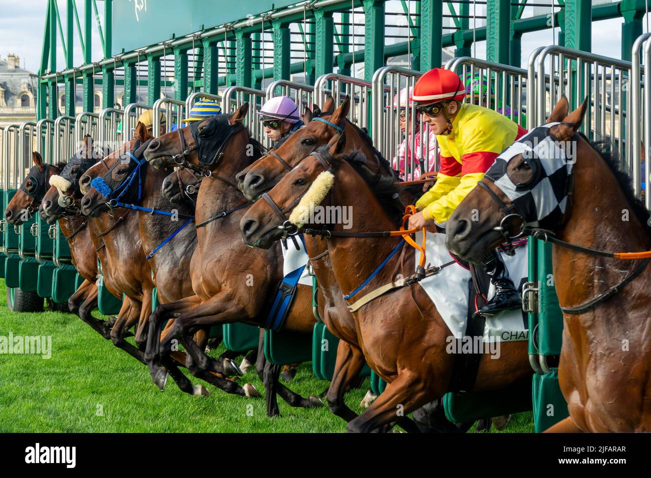 Partenza di una corsa di cavalli sul circuito di Chantilly, Francia. Foto Stock