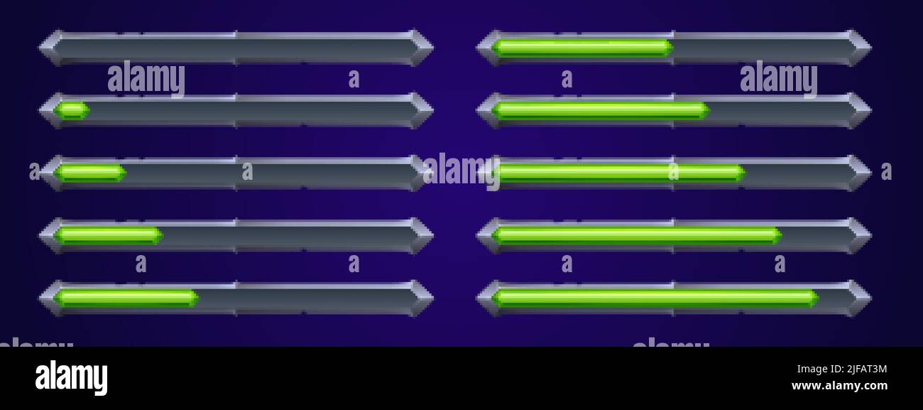 Caricamento dell'interfaccia utente del gioco barre di avanzamento set vettoriale, elementi di progettazione dell'interfaccia grafica cartoon. Stato e risorse scale di potenza con liquido tossico verde in silve Illustrazione Vettoriale