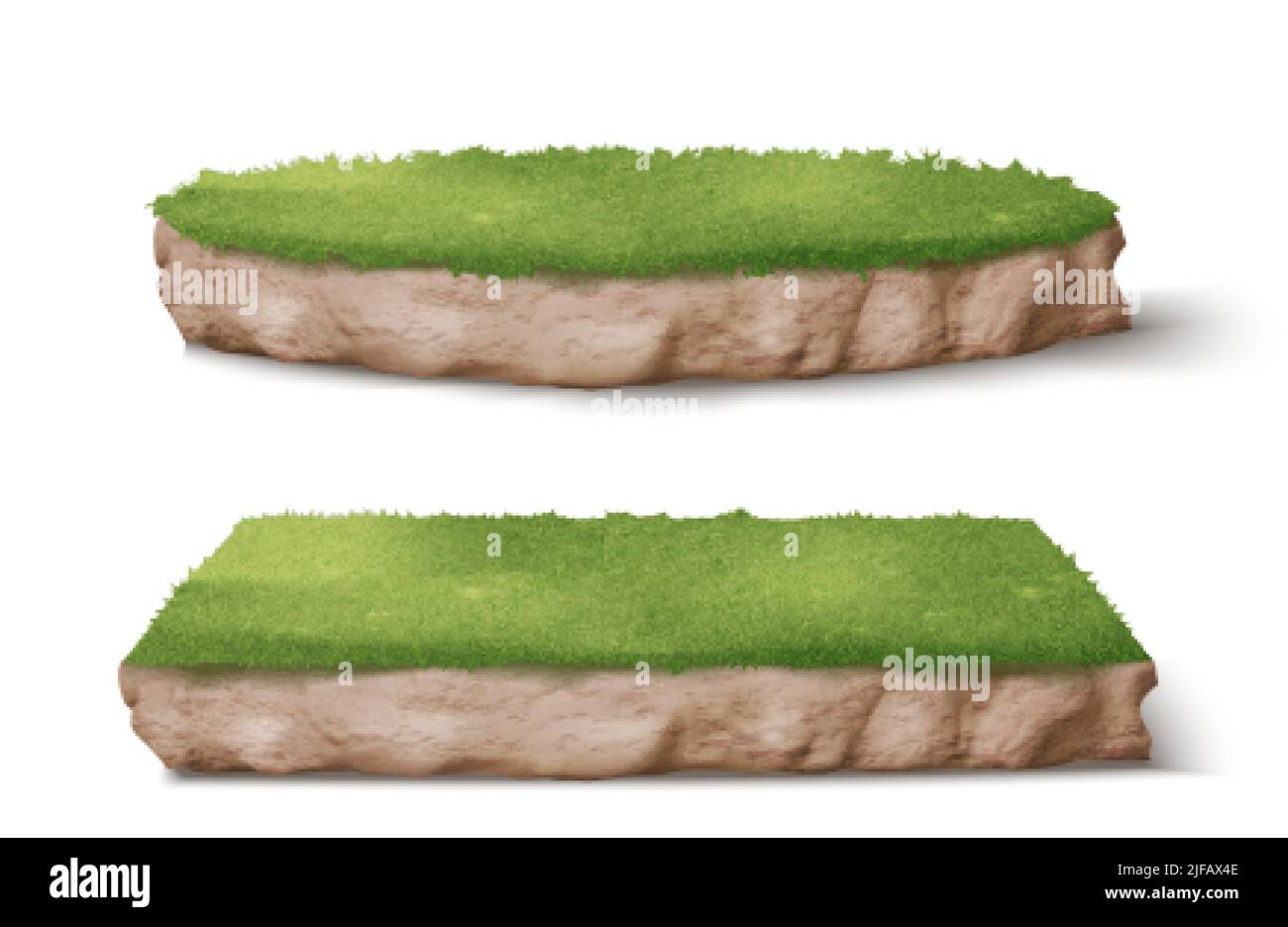 Terra pezzi con erba verde realistico illustrazione vettoriale. Parco o giardino terrazzato rotondo e quadrato con terreno e piante, vista prospettica isola Illustrazione Vettoriale