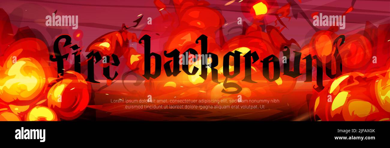 Fuoco sfondo, cartone animato bomba rossa esplosione nuvole su terra bruciata distrutta. Effetto braccio con fumo, design UI con detonazione esplosiva dinamite, AT Illustrazione Vettoriale