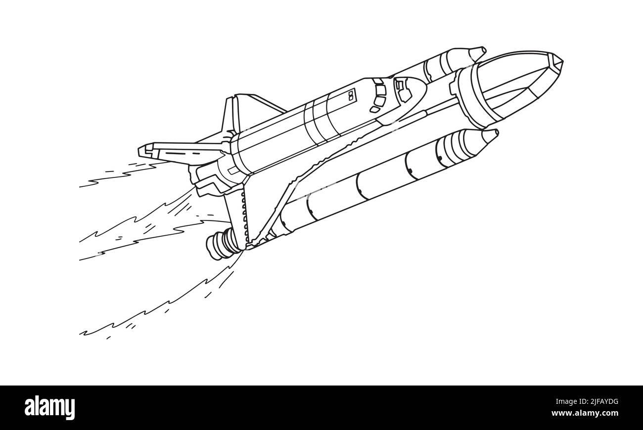 Rocket disegno linea arte vettore illustrazione per libro da colorare. Cartoon disegno Spaceship per colorare libro per bambini e ragazzi. Disegno grafico di schizzo f Illustrazione Vettoriale