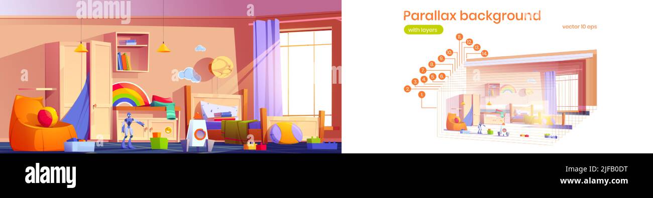 Parallax sfondo camera per bambini per 2D animazione di gioco. Camera per bambini al coperto con letto con cuscini, armadietto, giocattoli e sedia a sacco di fagioli, mobili in legno. Illustrazione Vettoriale