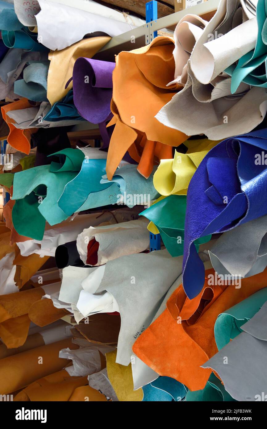 Francia, Var, Saint-Tropez, produzione di sandali locali, stock di pelli colorate (sandali Rondini) Foto Stock
