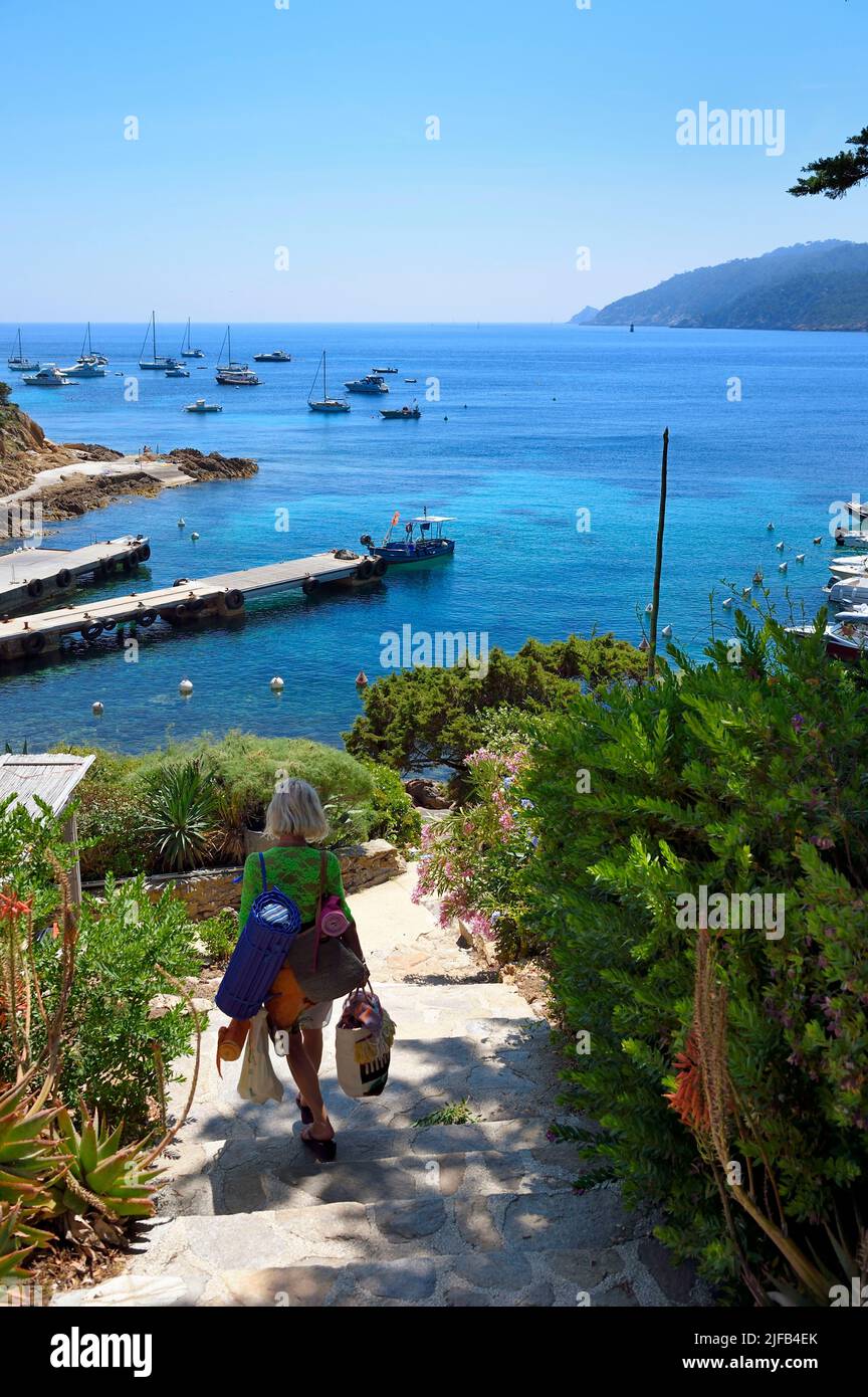 Francia, Var, Iles d'Hyeres, Parc National de Port Cros (Parco Nazionale di Port Cros), le Levant isola, Heliopolis città naturista, percorso e scala della prospettiva, l'asse centrale del villaggio Foto Stock