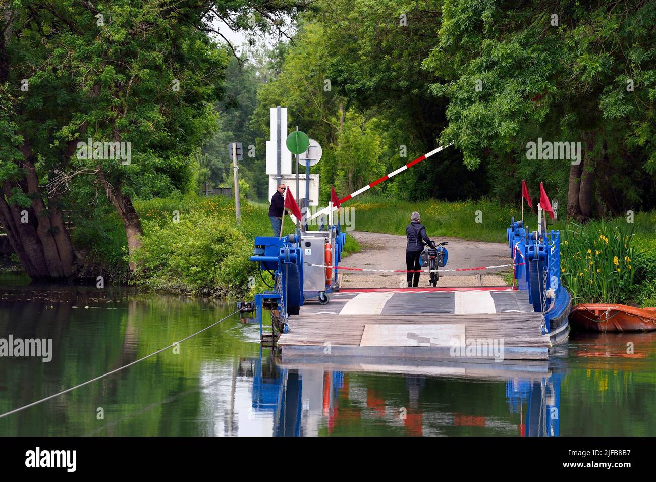 Francia, Charente-Maritime, Chaniers, traghetto che consente il passaggio sul fiume Charente e ciclista sul ciclo di Flow Vélo Foto Stock