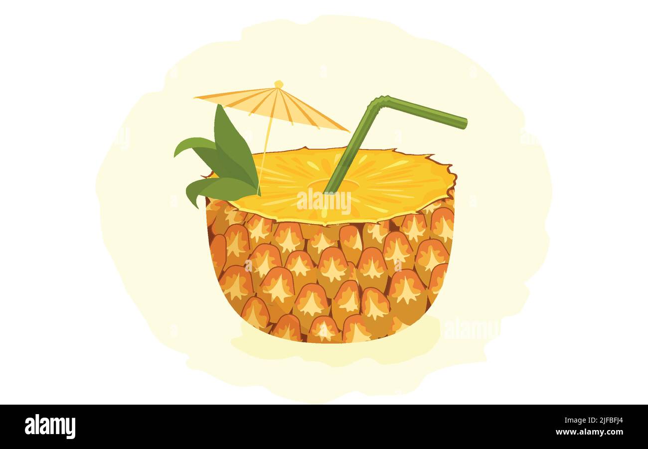 Cocktail all'ananas decorato, cannuccia verde e ombrello giallo Illustrazione Vettoriale