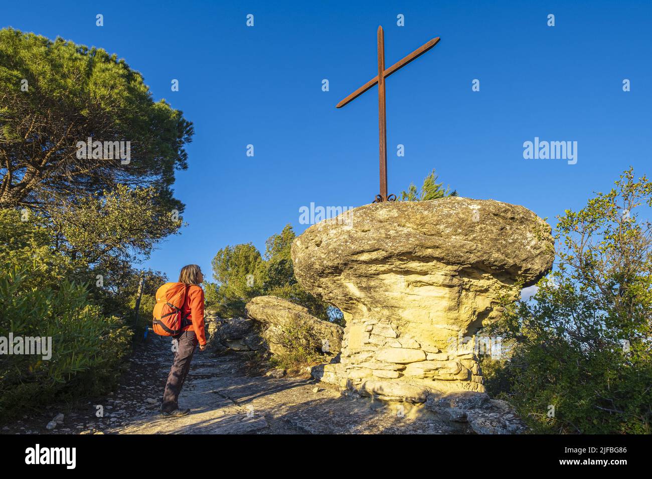 Francia, Vaucluse, parco naturale regionale del Luberon, escursione a partire dal piccolo borgo medievale arroccato di Goult, Roche Redonne percorso Foto Stock