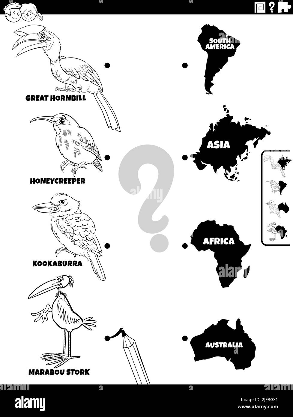 Illustrazione di cartoni animati in bianco e nero del compito educativo di corrispondenza con uccelli animali specie caratteri e continenti pagina di colorazione Illustrazione Vettoriale