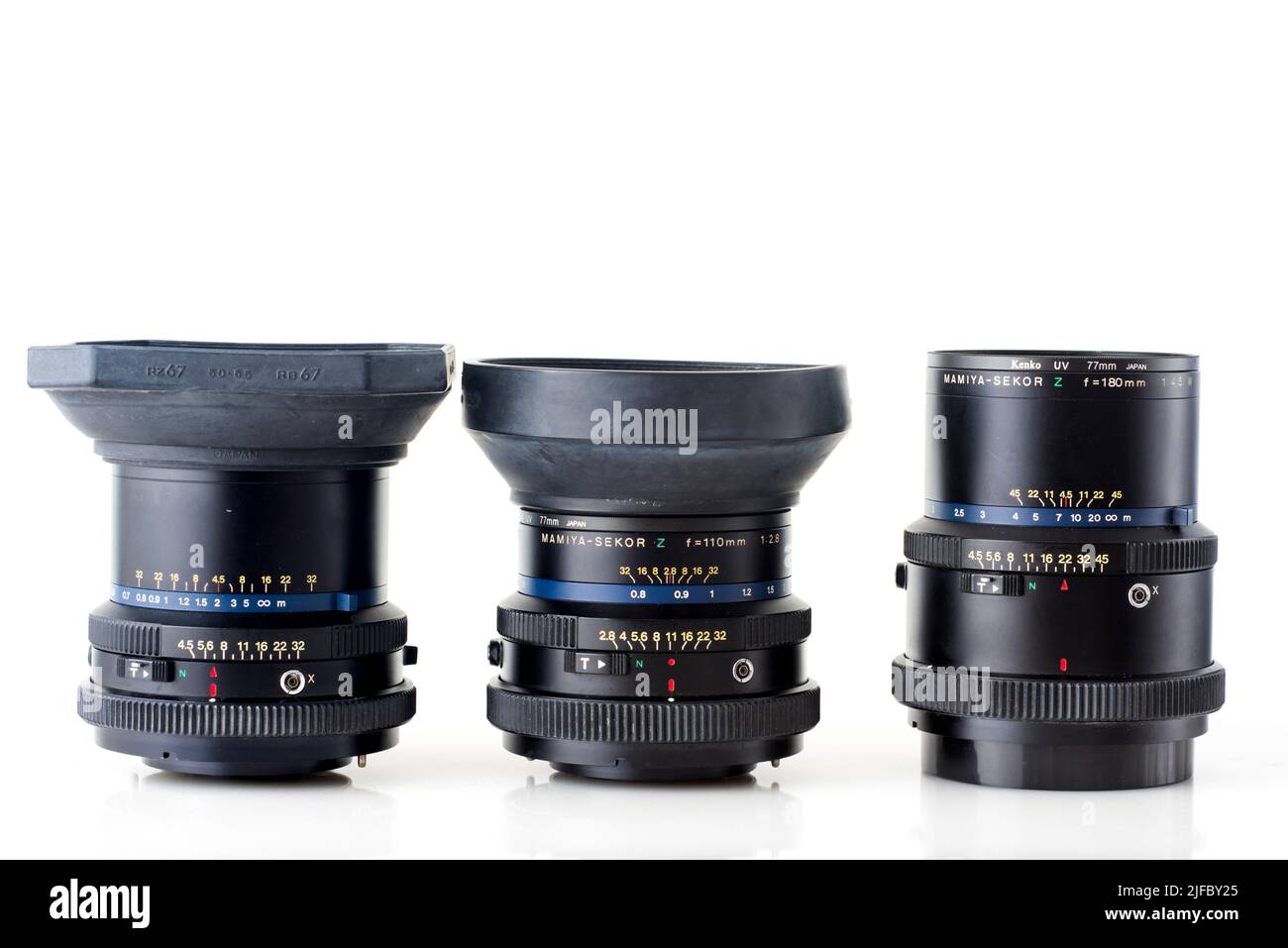 Obiettivi della fotocamera vintage di medio formato su sfondo bianco Foto Stock