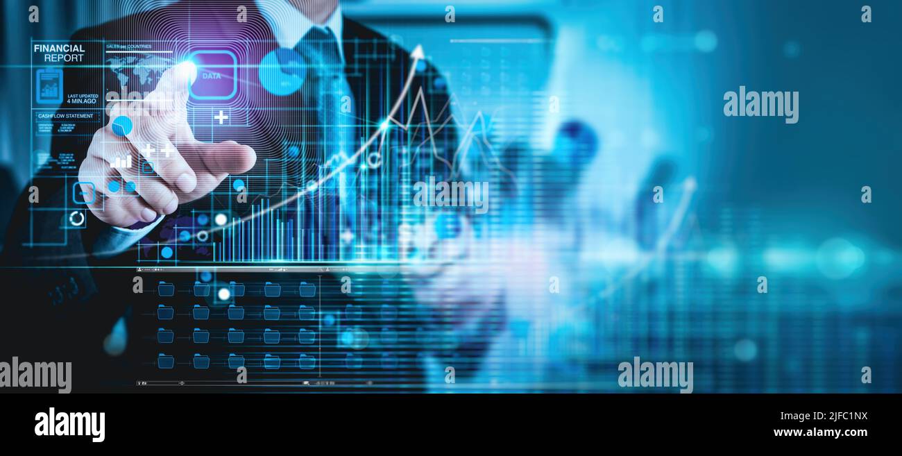Business uomo di lavoro dati Finacne relazione mappa del mondo e grafico di crescita e progresso del business e l'analisi finanziaria e dati di investimento, business plan Foto Stock