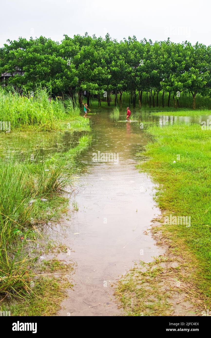 Alluvione acqua che va a influenzare la zona del fiume Zajira riva isola. Questa immagine è stata catturata il 2022-06-18 da Zajira, Bangladesh, Asia meridionale Foto Stock