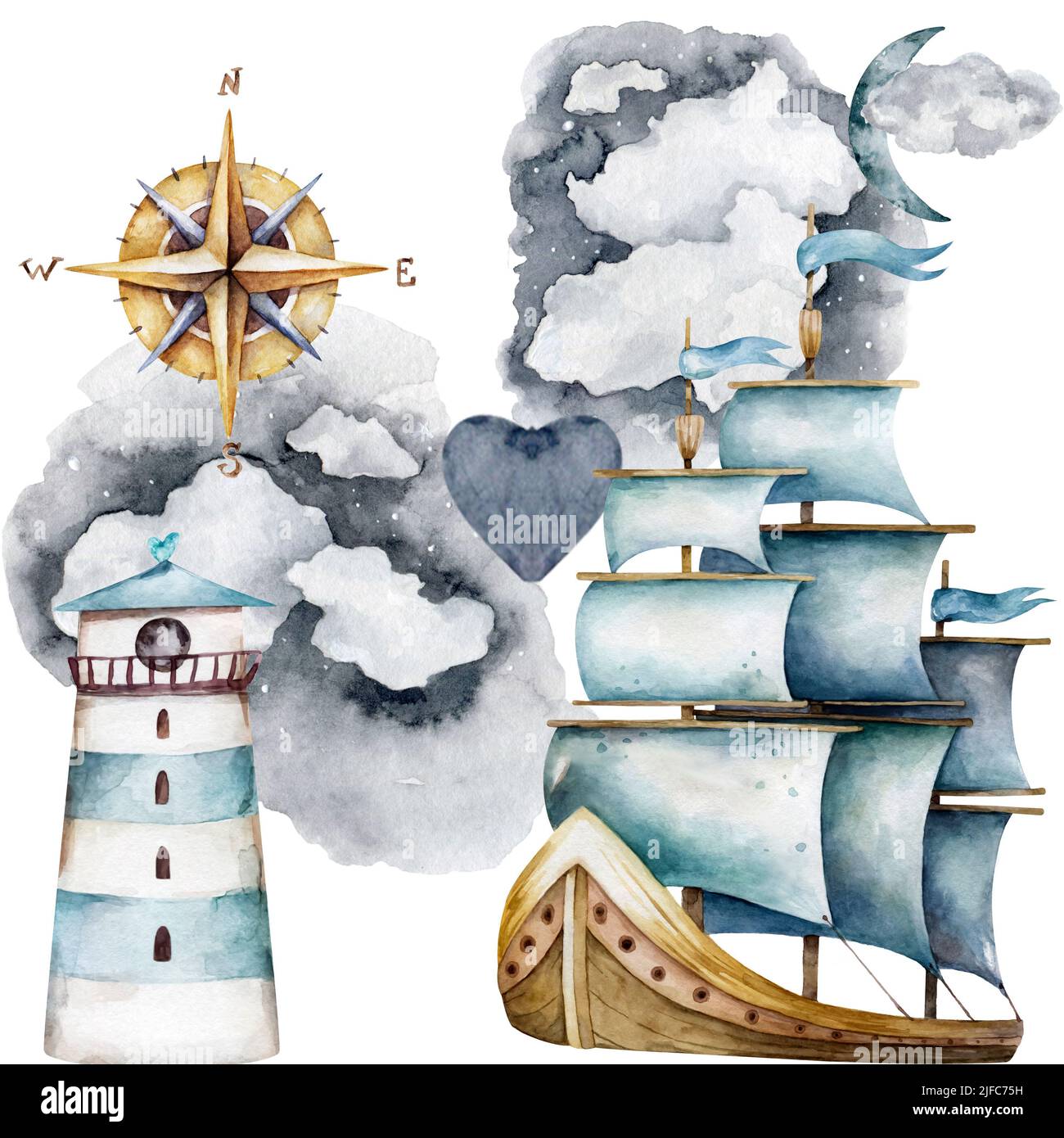 Illustrazione dell'acquerello della navigazione marina. Nave, faro, bussola, nuvole. Trovare un modo. Clipart di navigazione su sfondo bianco Foto Stock