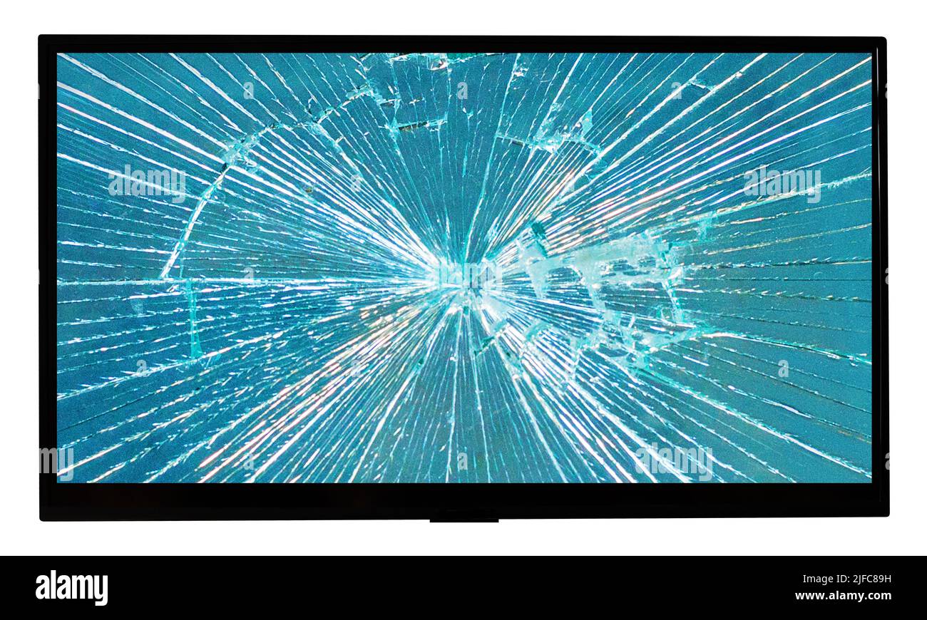TV moderna con schermo rotto isolato su sfondo bianco Foto Stock