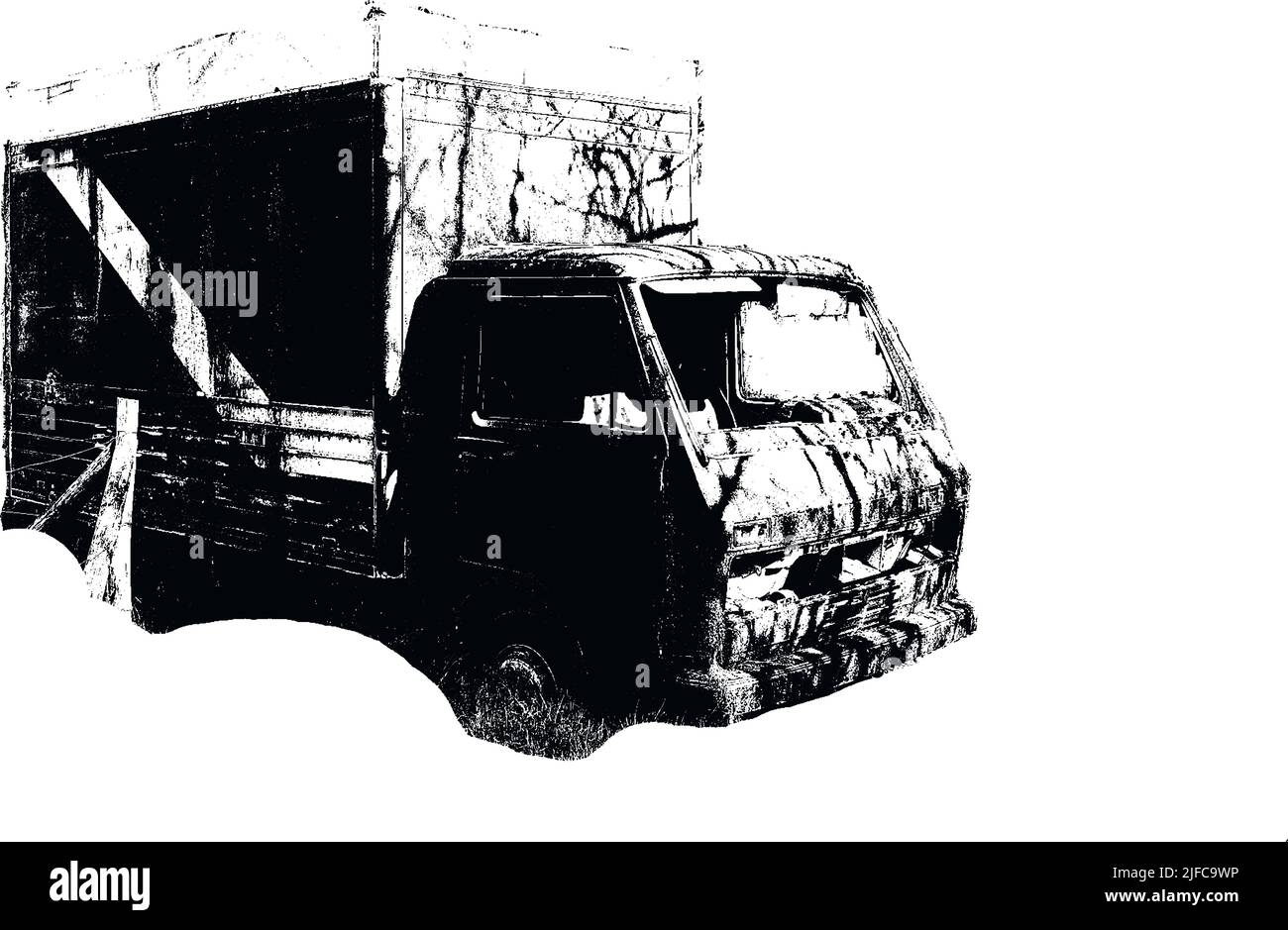 Una vecchia cargo car arrugginita su un isolato sfondo bianco. Auto retrò nella foresta. Illustrazione Vettoriale