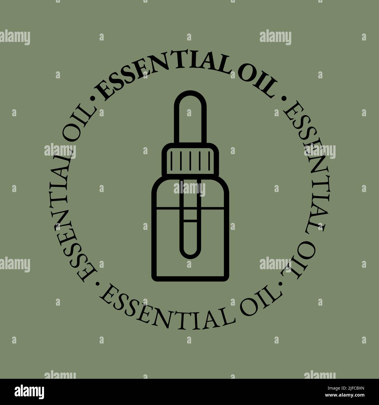 Simbolo della bottiglia dell'olio essenziale con testo. Aromaterapia e olio cosmetico icona. Illustrazione vettoriale piatta Illustrazione Vettoriale
