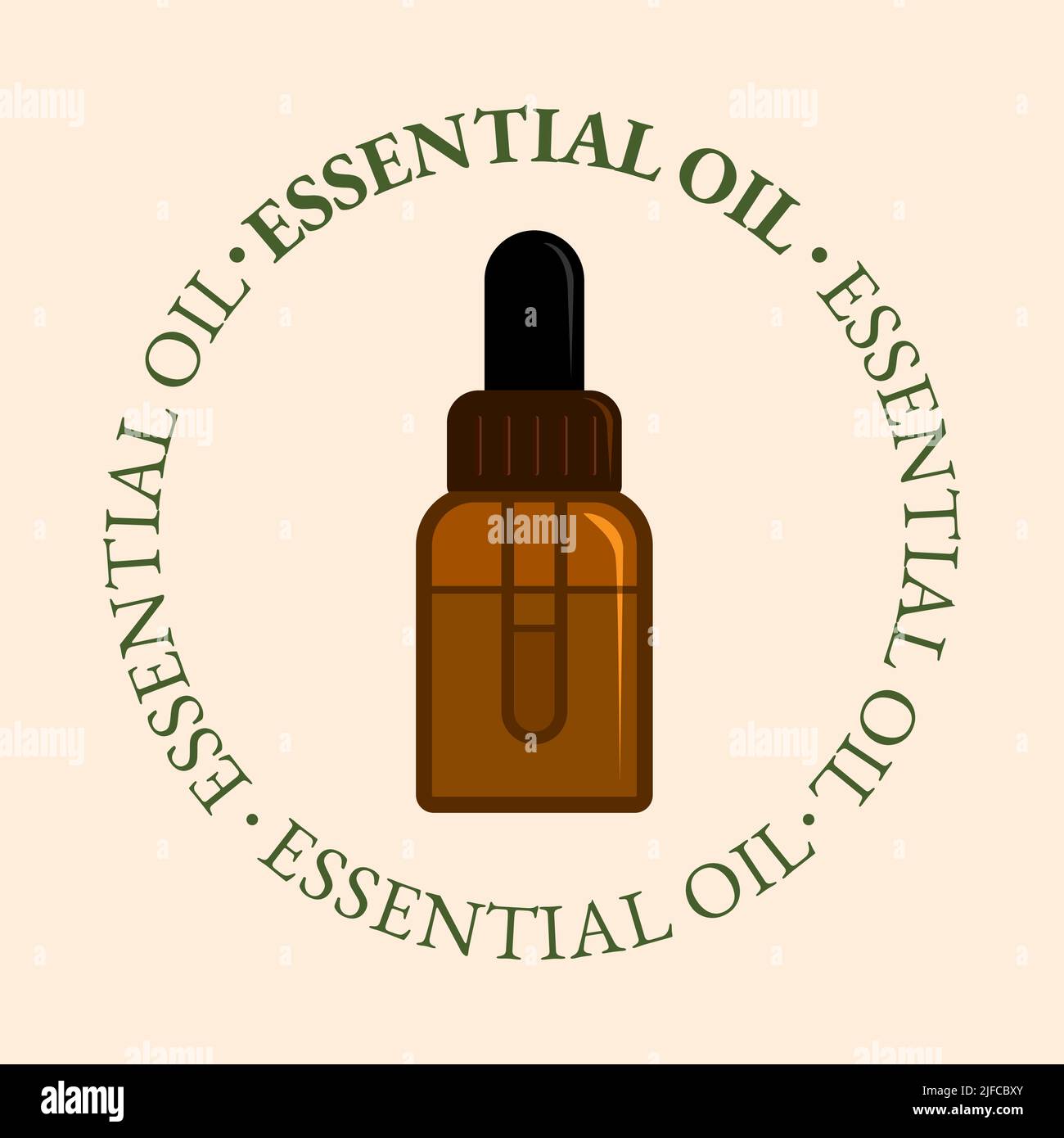 Simbolo della bottiglia dell'olio essenziale con testo. Aromaterapia e olio cosmetico icona. Illustrazione vettoriale piatta Illustrazione Vettoriale