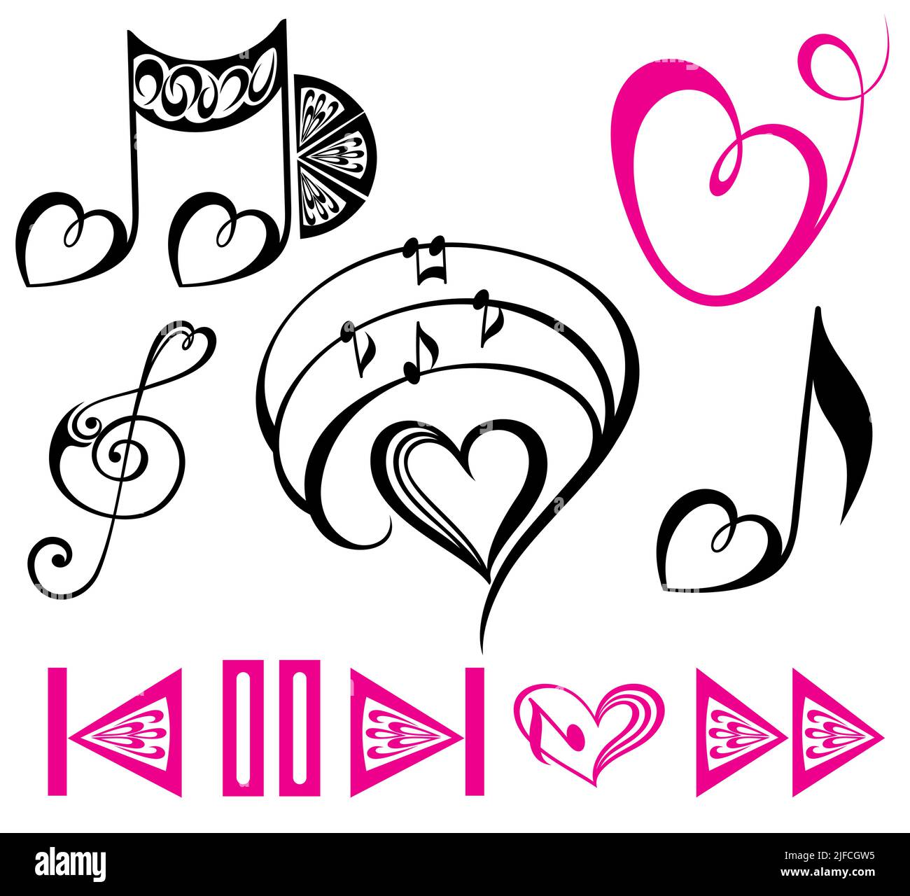 Note e note chiave con elementes floreali e elementes cuori, collezione di elementi musicali Illustrazione Vettoriale