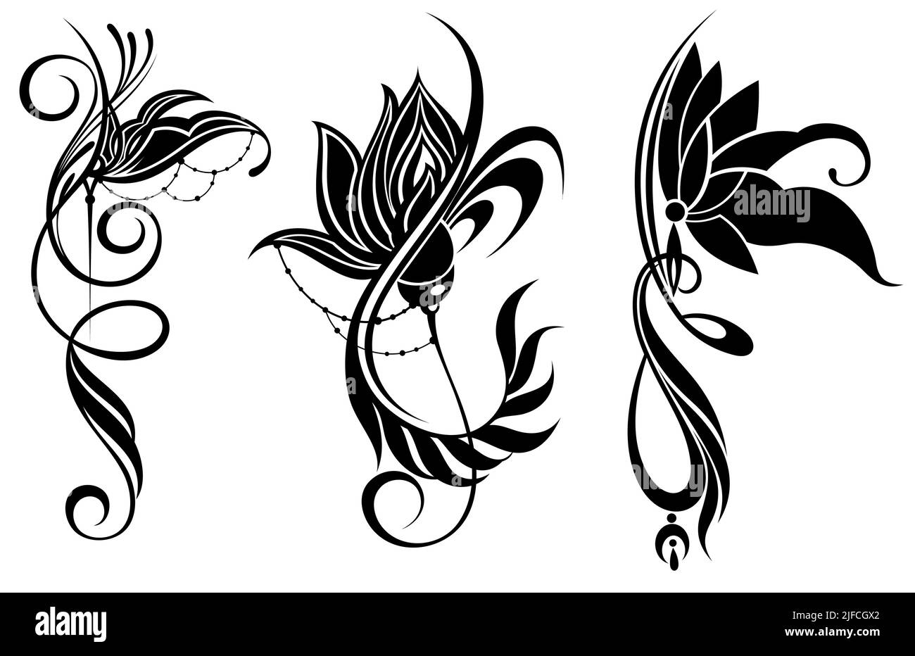 Silhouette stilizzate con fiori di loto. Set di fiori per design su tazza, t shirt, custodia per telefono. Tatuaggio lotus design. Ideale per la stampa di poster Illustrazione Vettoriale