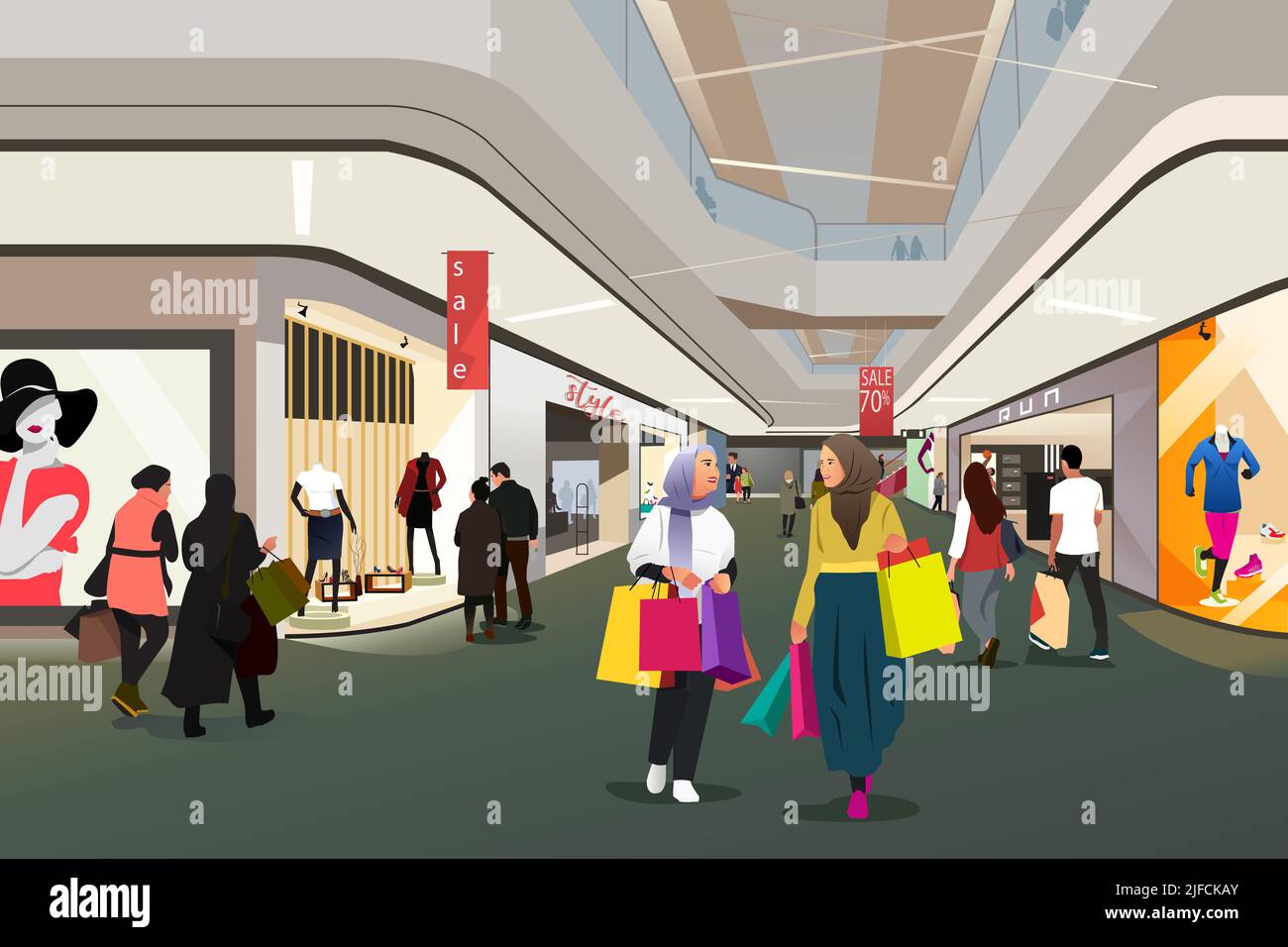 Un'illustrazione vettoriale di Musulmani People Shopping in a Mall Illustrazione Vettoriale