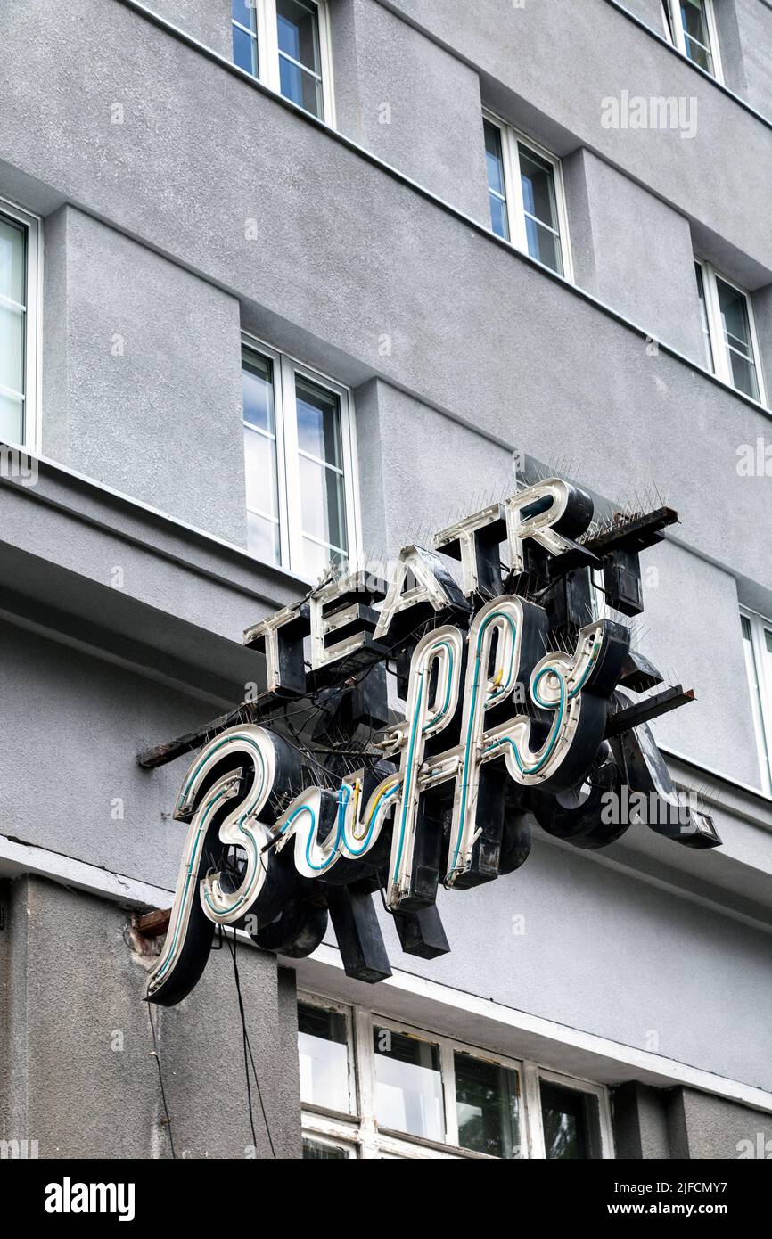 Cartello al neon per Teatr Buffo (Studio Buffo) a Frascati, Varsavia, Polonia Foto Stock