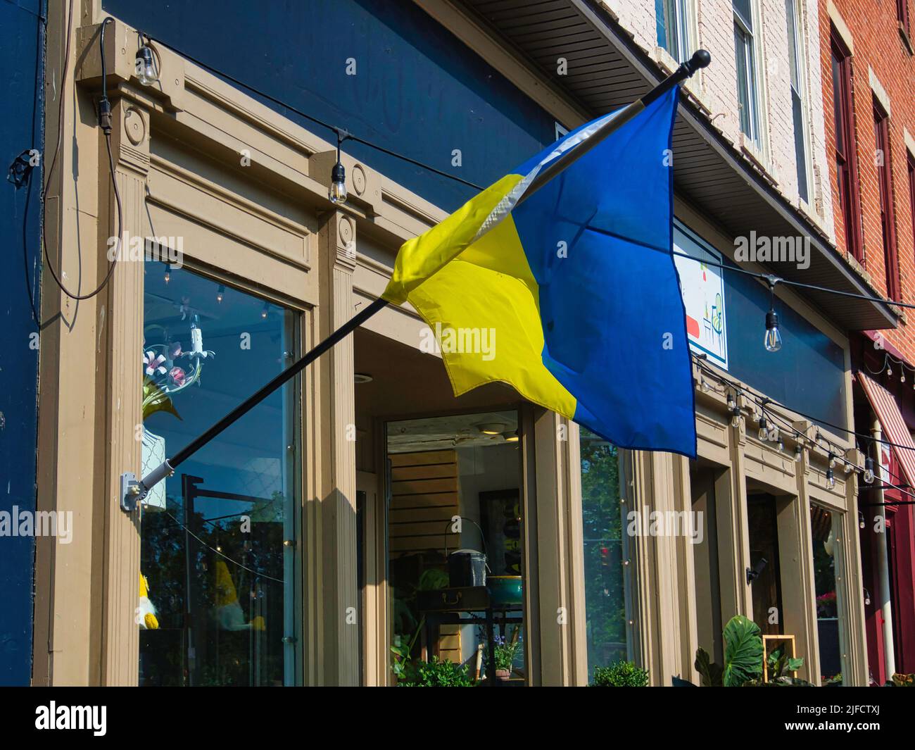 Bandiera Ucraina su un deposito di stop negli Stati Uniti Foto Stock