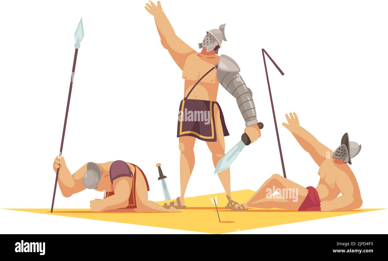 Composizione cartoon gladiatore romano con vincitore e due perdenti che giacciono su illustrazione vettoriale di terra Illustrazione Vettoriale