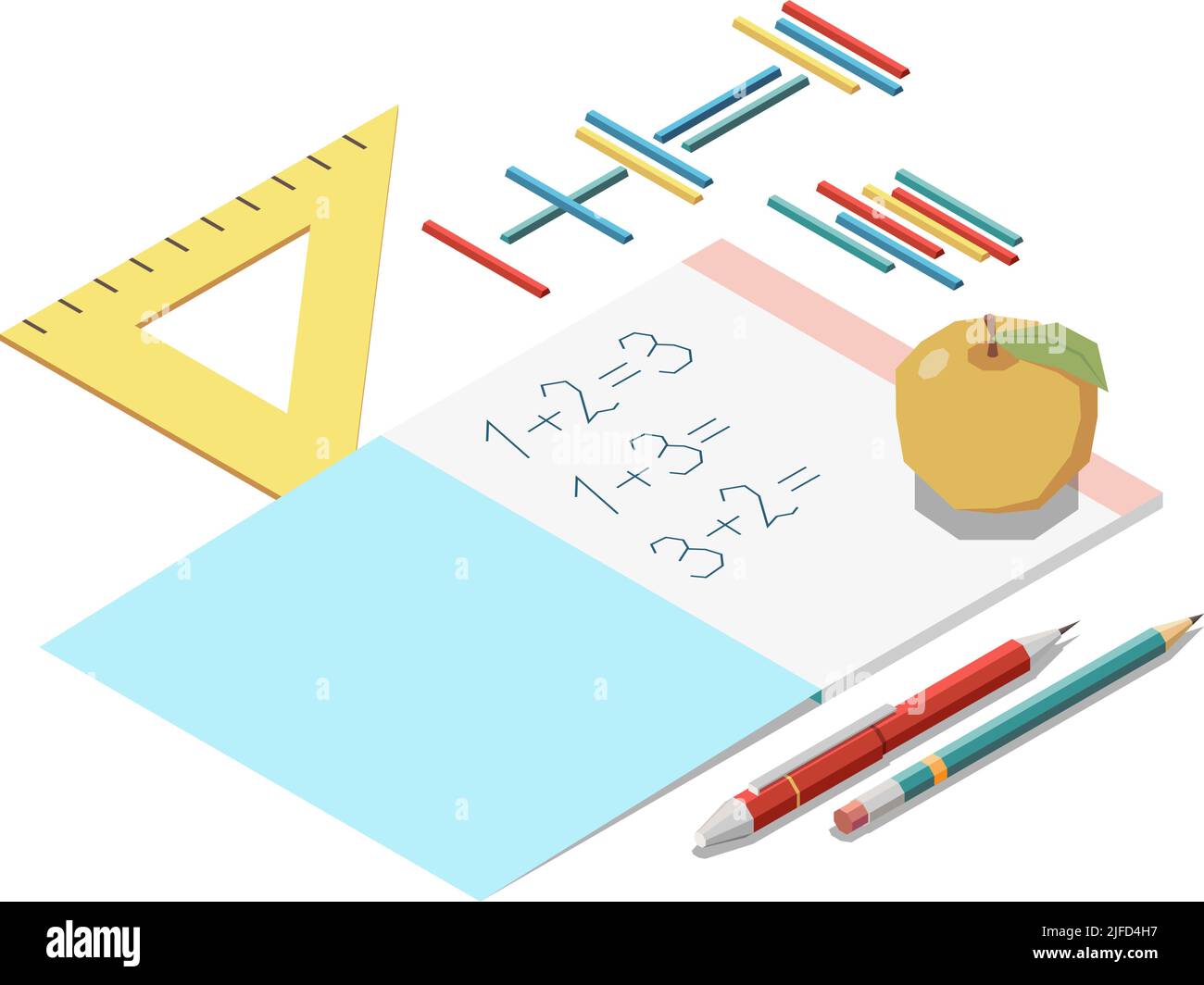 STEM educazione isometrica concetto icone composizione con elementi di cancelleria e copybook di matematica illustrazione vettoriale Illustrazione Vettoriale