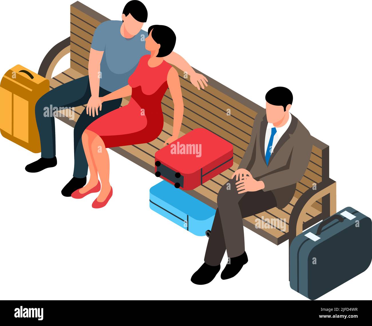 Composizione ferroviaria isometrica con personaggi umani di passeggeri in attesa seduti su panchina illustrazione vettoriale Illustrazione Vettoriale
