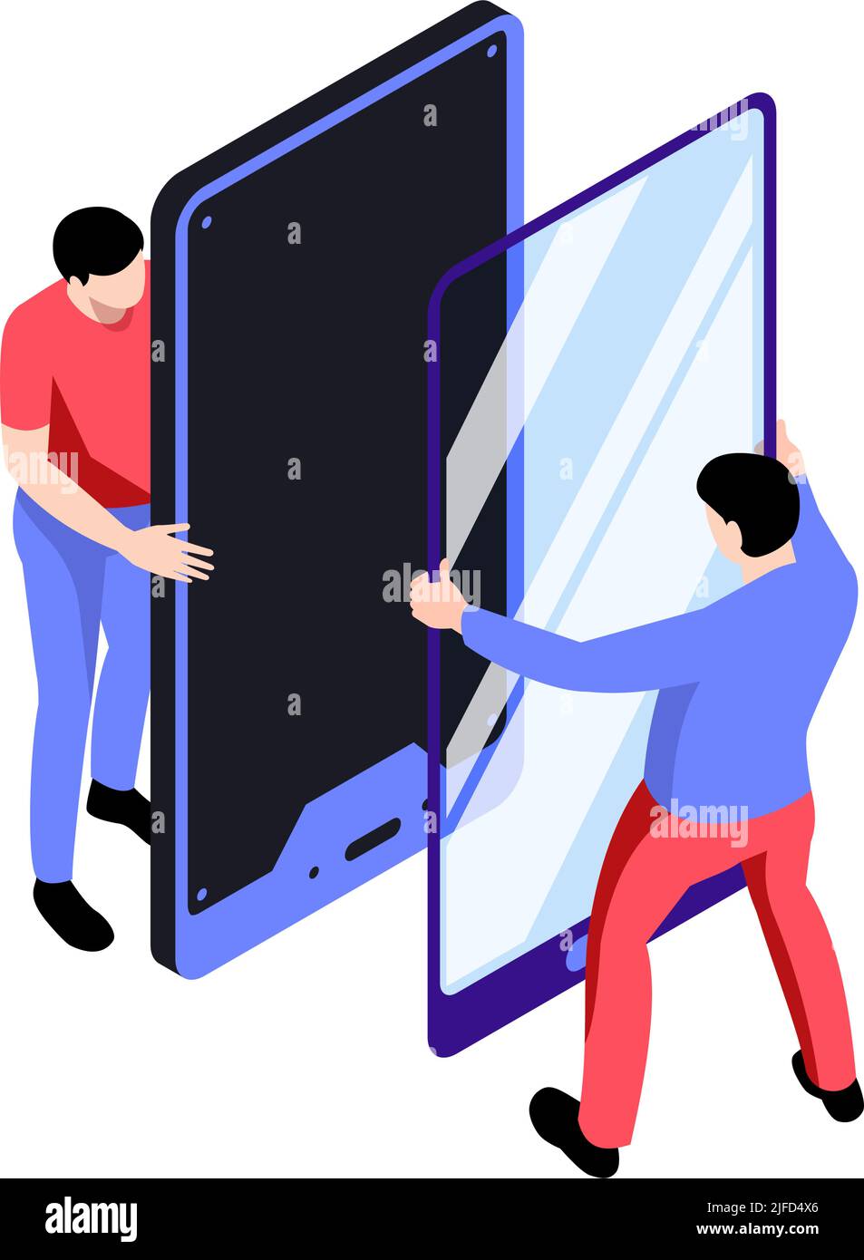 Icona isometrica con persone del servizio di riparazione che cambiano immagine vettoriale dello schermo dello smartphone Illustrazione Vettoriale