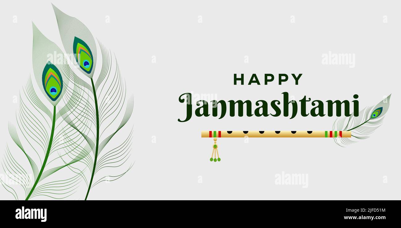 Felice illustrazione di sfondo di Janmashtami con piuma di pavone e flauto di krishna Illustrazione Vettoriale