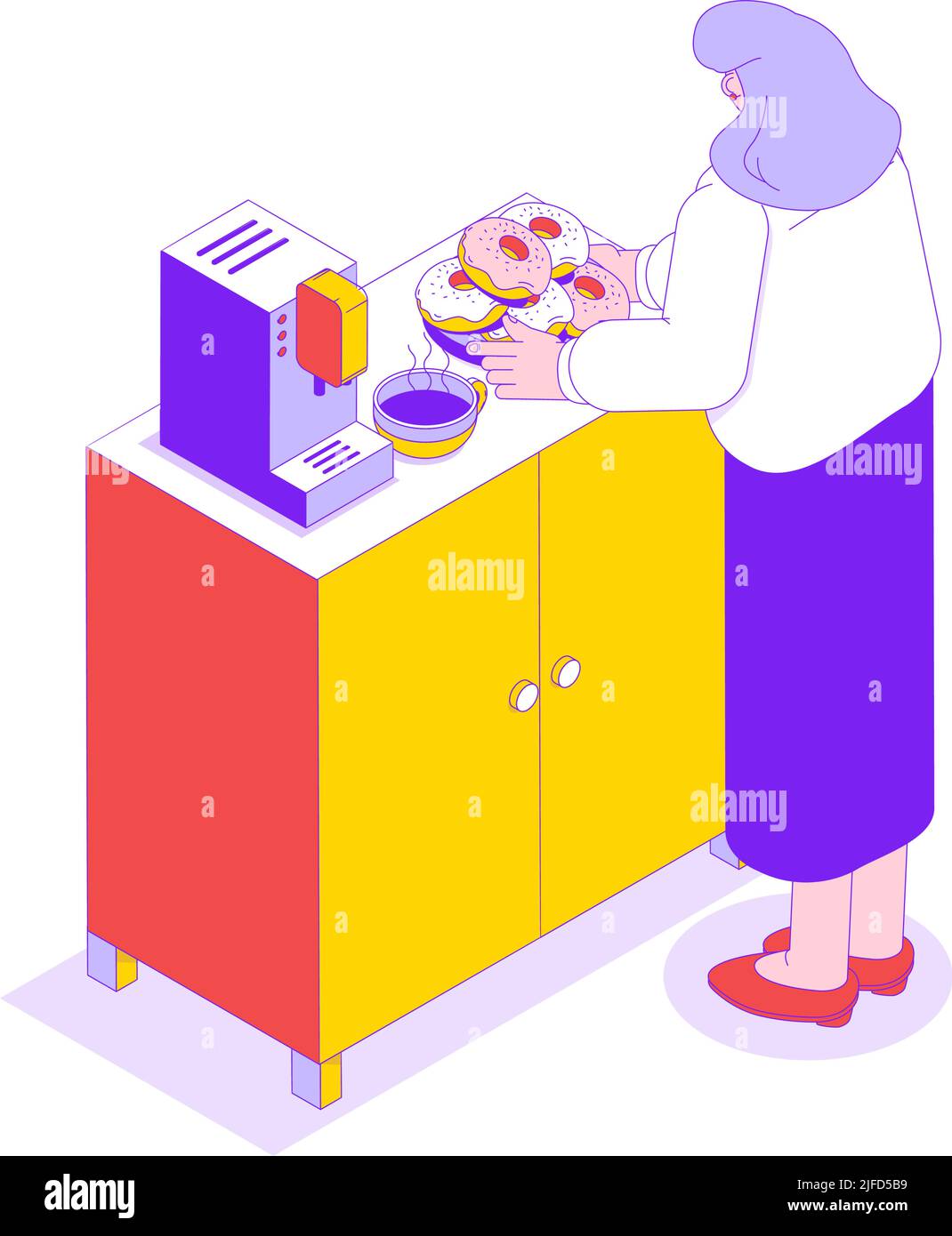 Cucina d'ufficio con macchina da caffè e donna che va ad avere pausa con caffè caldo e ciambelle isometrica icona illustrazione vettoriale Illustrazione Vettoriale