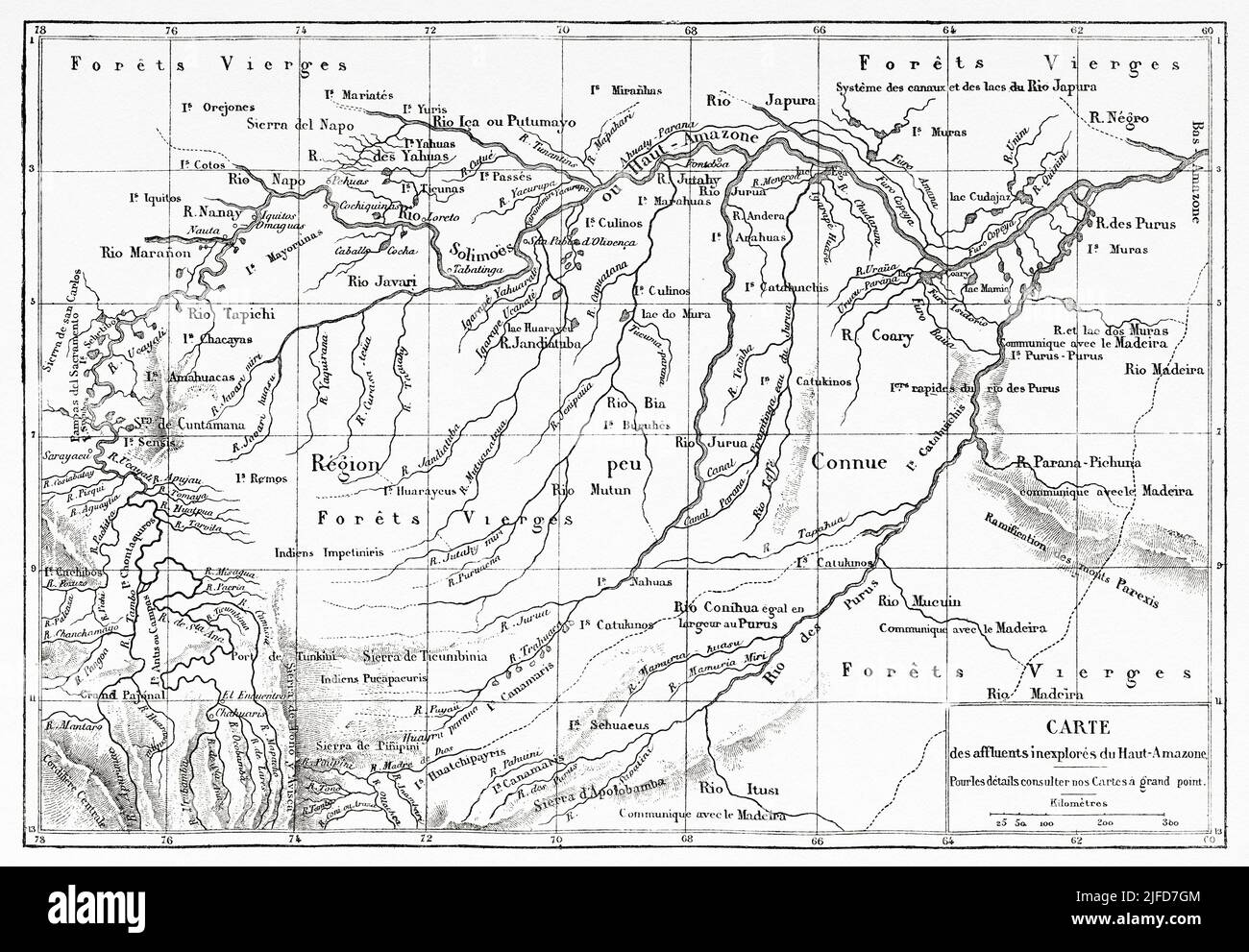 Mappa del bacino amazzonico, Brasile. Sud America. Viaggio attraverso il Sud America, dall'Oceano Pacifico all'Oceano Atlantico di Paul Marcoy 1848-1860 da le Tour du Monde 1867 Foto Stock