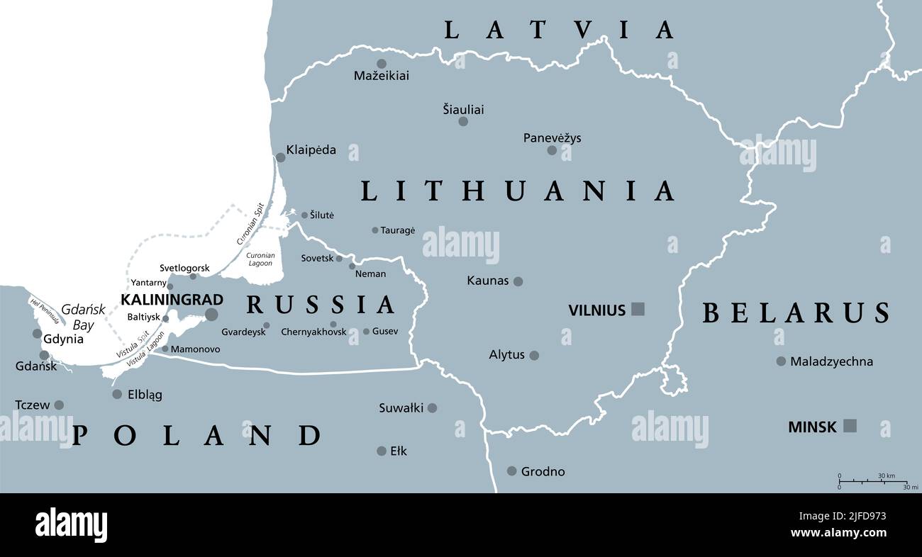 Lituania e Kaliningrad, mappa politica grigia. Repubblica di Lituania, paesi europei e baltici, e l'exclave russa Kaliningrad Oblast. Foto Stock