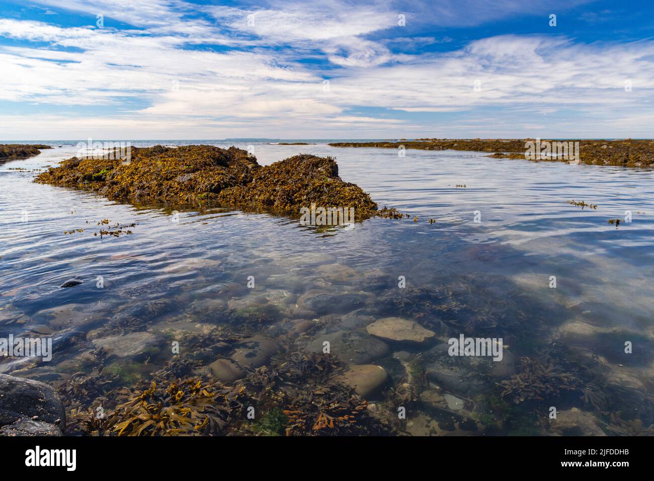 Vista panoramica sul mare di Greencliff Beach, con rocce esposte, piscine rocciose e vista mare verso Lundy Island a Low Tide: Greencliff, vicino a Bideford Foto Stock