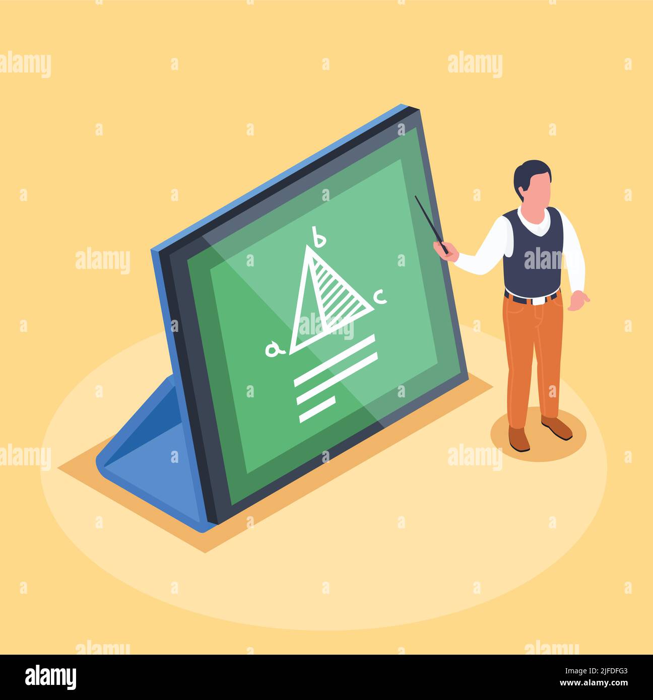 Concetto isometrico di apprendimento online con tablet e personaggio di insegnante di matematica tenendo puntatore 3D illustrazione vettoriale Illustrazione Vettoriale