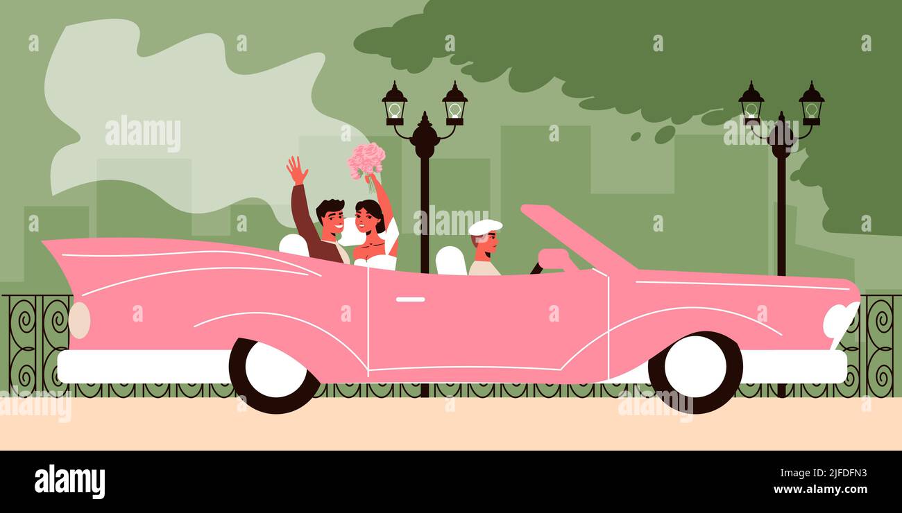 Composizione di automobile di nozze con paesaggio esterno con la coppia appena sposata seduta nell'illustrazione del vettore di automobile del cabrio rosa Illustrazione Vettoriale