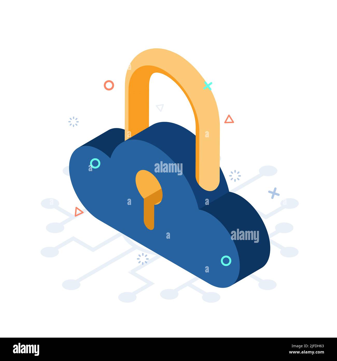 Cloud isometrico Flat 3D con blocco e foro a chiave. Concetto di cloud computing. Illustrazione Vettoriale