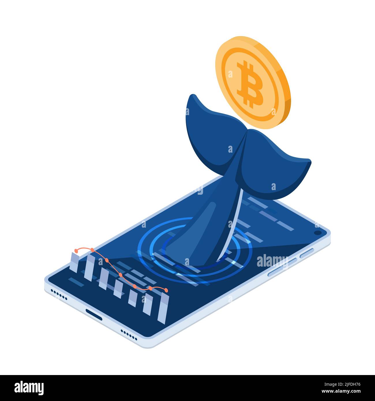 Flat 3D Isometric Whale Tail con Bitcoin smartphone interno. Grande investitore nel mercato Bitcoin e concetto di criptovaluta. Illustrazione Vettoriale