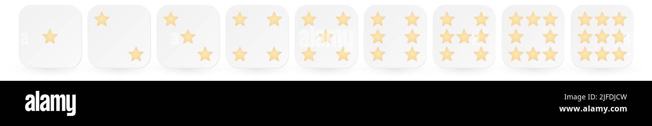 Giocare a dadi con cinque stelle puntate al posto dei punti, versione con uno a nove elementi, può essere utilizzato come feedback o scala di valutazione Illustrazione Vettoriale