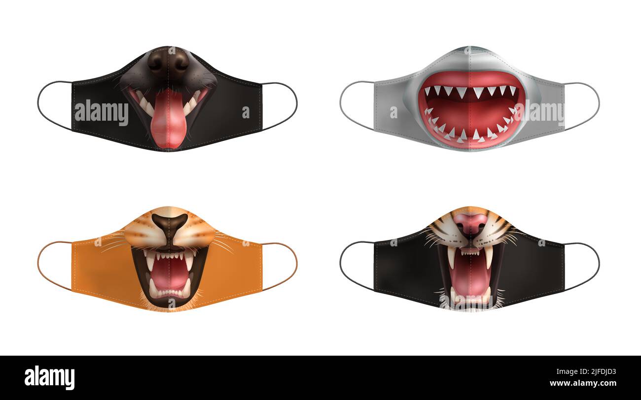 Maschere di protezione del viso creative con bocca aperta animale stampa realistico set isolato illustrazione vettoriale Illustrazione Vettoriale
