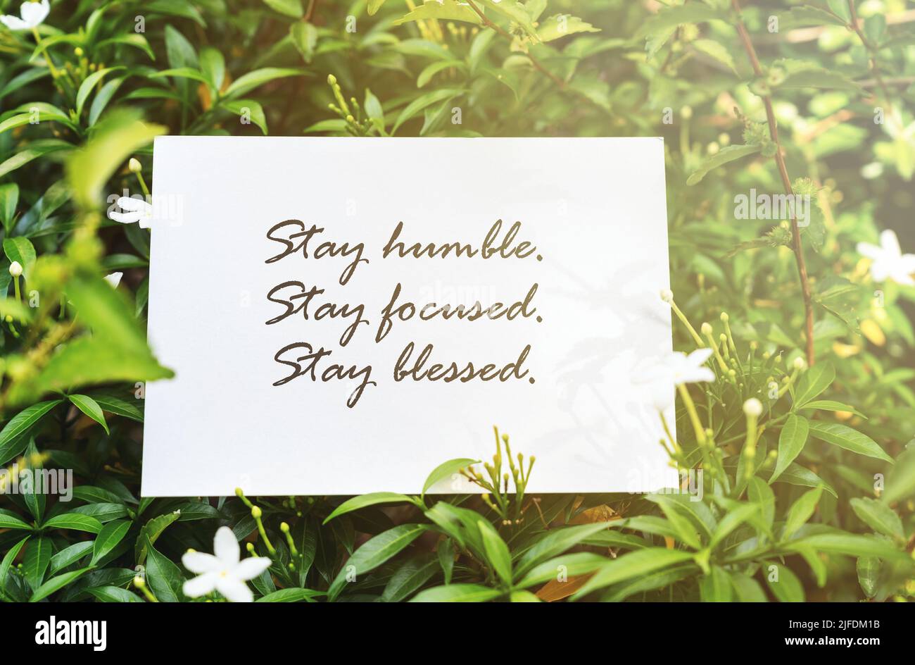 Un pezzo di carta con le citazioni di ispirazione con il testo rimanere umile, rimanere concentrato, rimanere benedetto Foto Stock