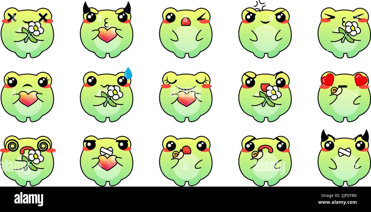 Set di varie rane di cartoni animati. Faccia, occhi e bocca di Doodle. Caricatura comico emozioni espressive, sorridente, piangente e sorpresa carattere espressione volto Illustrazione Vettoriale