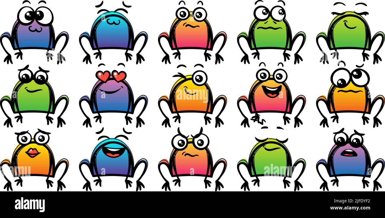 Set di varie rane di cartoni animati. Faccia, occhi e bocca di Doodle. Caricatura comico emozioni espressive, sorridente, piangente e sorpresa carattere espressione volto Illustrazione Vettoriale