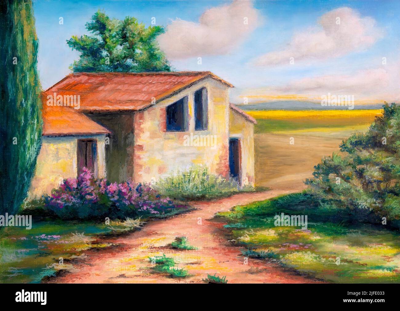 Edifici rurali in un paesaggio soleggiato. Pittura originale su tela. Foto Stock