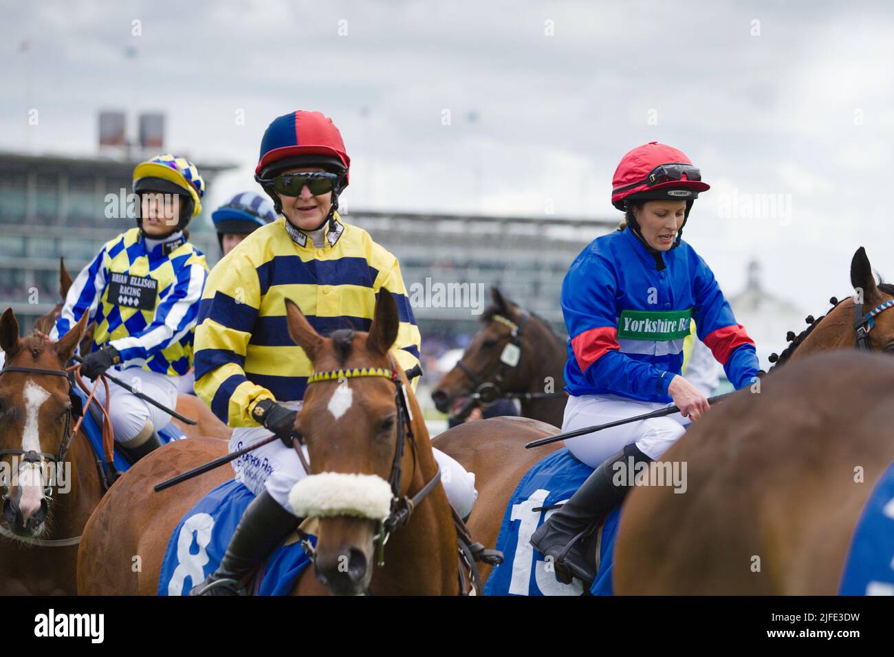 Un gruppo di jockeys Amateur femminile si allineano davanti alle porte di partenza alle gare di York tra cui AB o'Connor, Stephanie Jardeback, Jessica Bedi Foto Stock