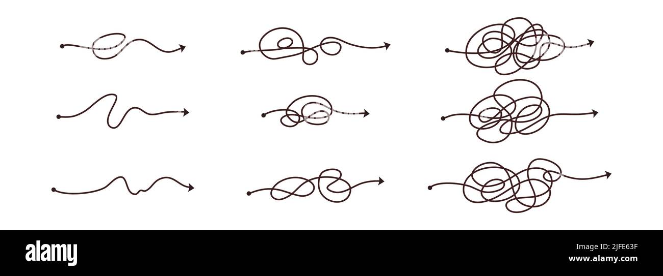 Linea semplice e modo semplice e complesso. Scribble Doodle caos mentalità. Risoluzione dei problemi, linea difficile. Percorso vettoriale del concetto disegnato a mano Illustrazione Vettoriale