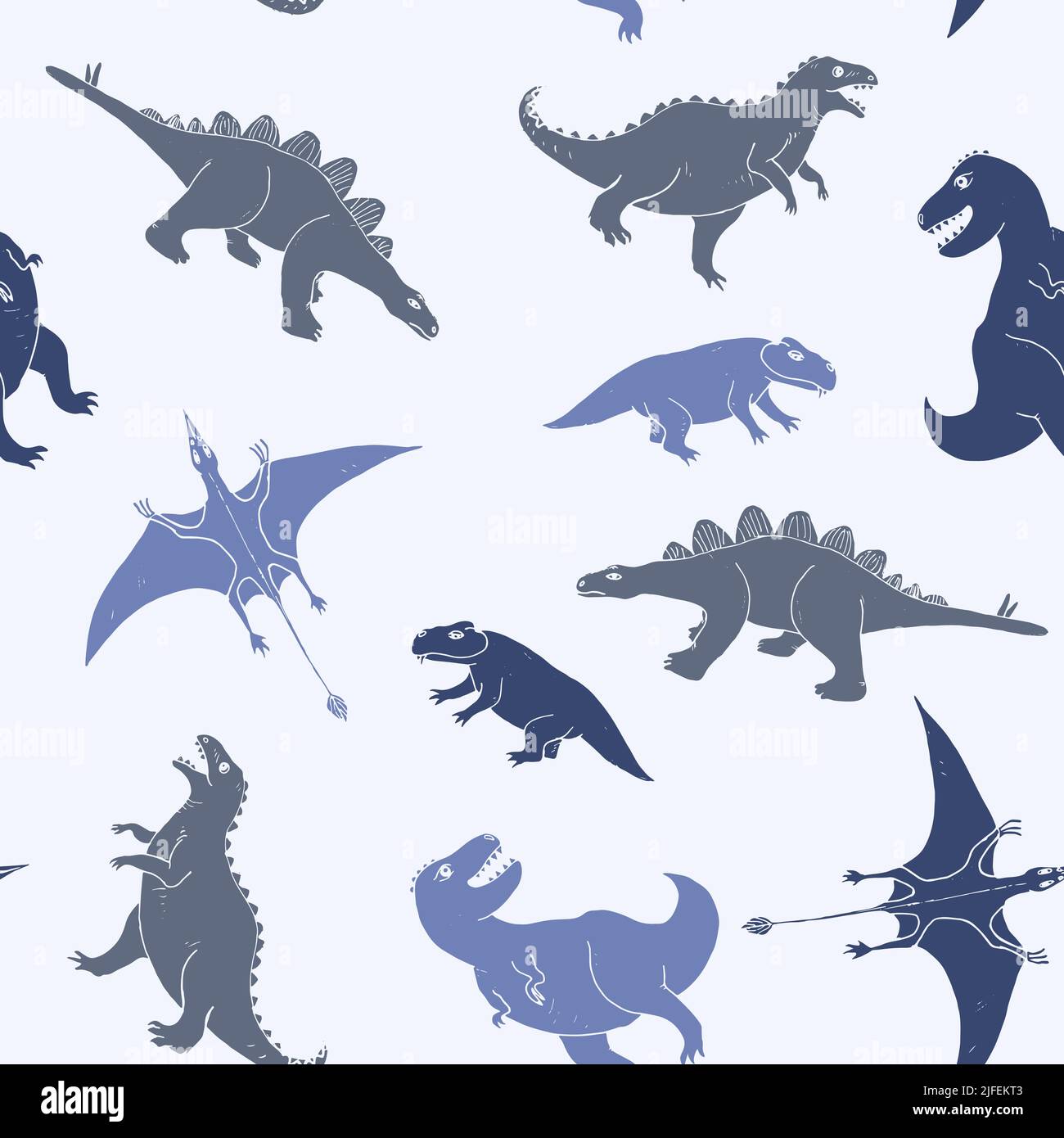 Dino Seamless Pattern, Cute Cartoon Dinosaurs Doodles Vector Illustration. Illustrazione Vettoriale