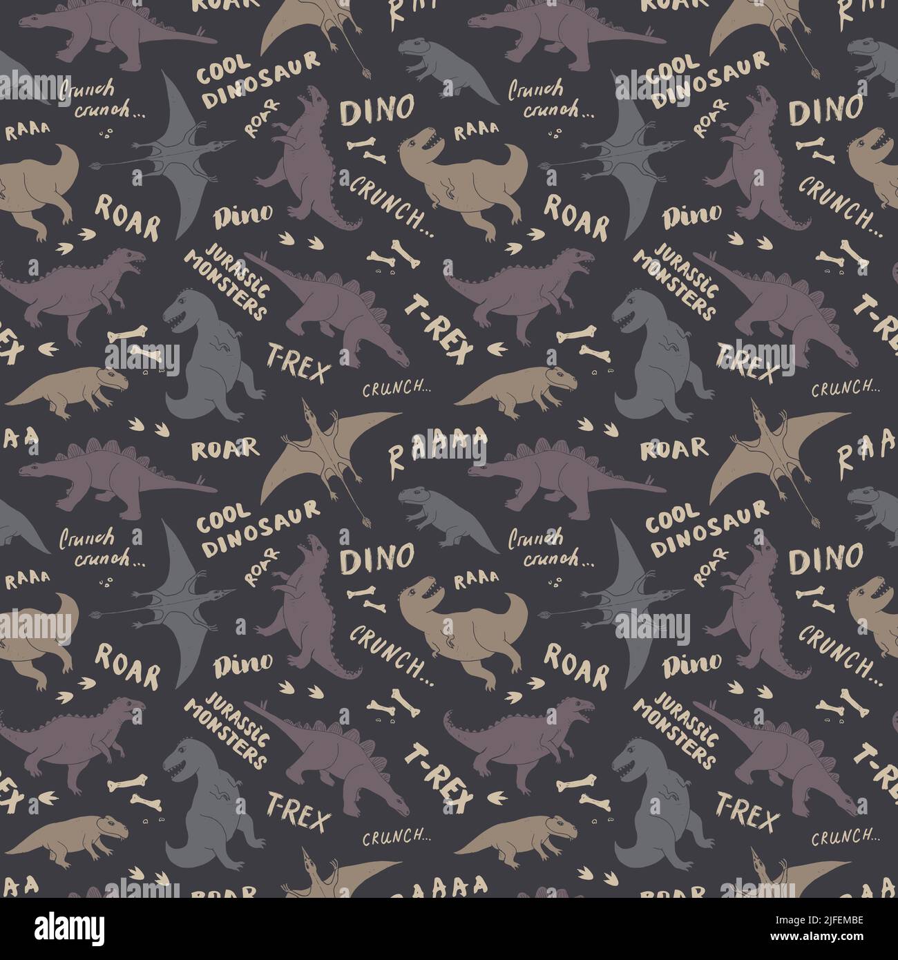 Dino Seamless Pattern, Cute Cartoon Dinosaurs Doodles Vector Illustration. Illustrazione Vettoriale